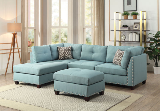 Laurissa Sectional Sofa & Ottoman in Light Teal Linen - Comfortable & Stylish Seating with 2 Pillows - 54390