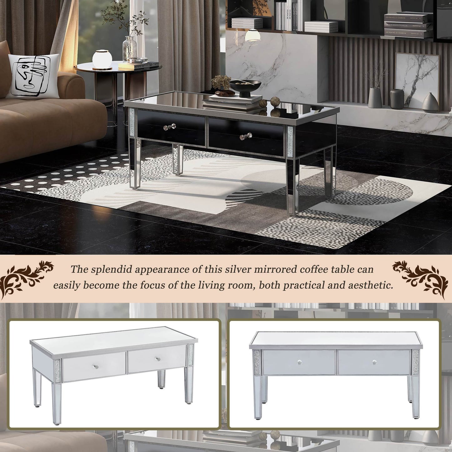 ON-TREND Glass Mirrored Coffee Table with 2 Drawers, Crystal Handles & Adjustable Height Legs for Living Room, Silver