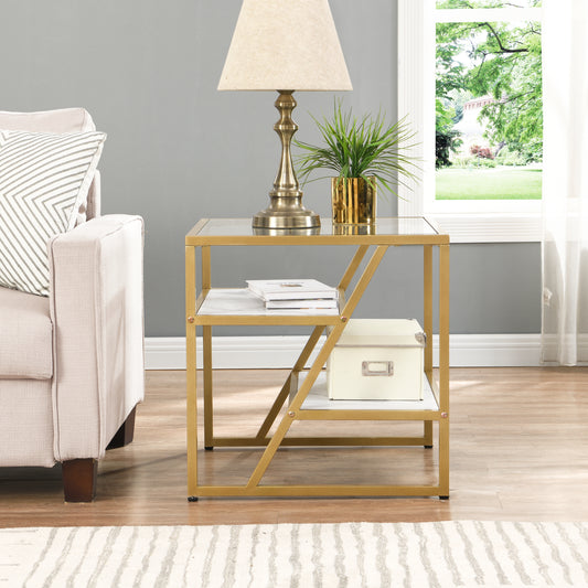 Golden Side Table, End Table with Storage Shelf, Tempered Glass Coffee Table for Living Room & Bed Room - Metal Frame, Stylish Design, Golden Finish, Convenient Size