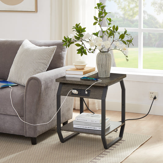 Side Table with Charging Station, Set of 2 End Tables with USB Ports and Sockets, Dark Grey, 17.32'' W x 17.32'' D x 21.65'' H - Ideal Bedside Tables for Convenient Charging in Living Room and Bedroom