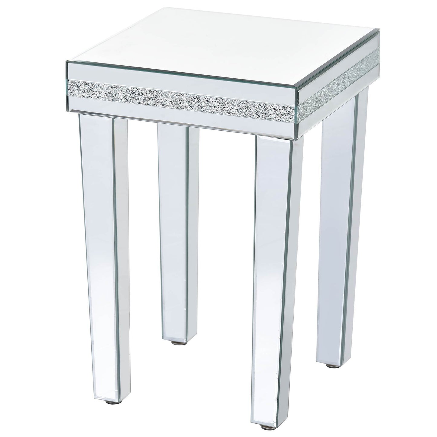 Fashionable Modern Glass Mirrored Side Table, Crystal Design, Adjustable Height Legs, Silver