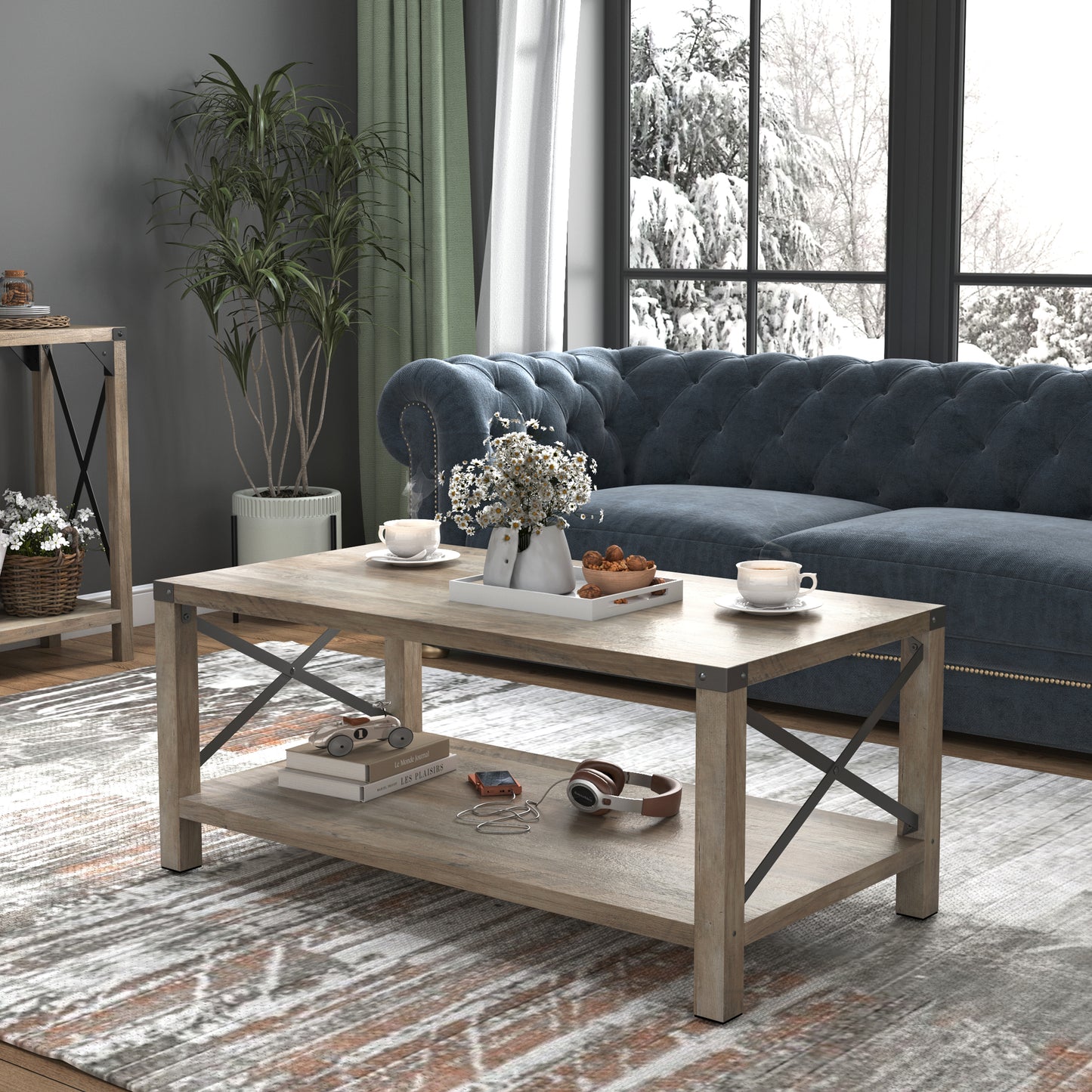 JHX 2-Tier Modern Farmhouse Coffee Table | Wood Rectangle Cocktail Table with Metal X-Frame | Gray, 40.94" w x 21.65" d x 17.91" h