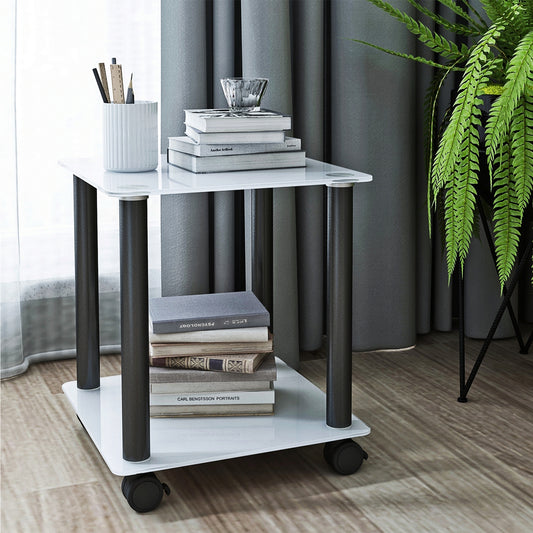 1-Piece White+Black Side Table, 2-Tier Space End Table, Modern Night Stand, Sofa Table with Storage Shelf - Stylish and Functional Furniture for Living Room, Bedroom, or Office