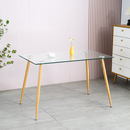 Mid Century Tempered Glass Kitchen Table, Wood-Transfer Metal Legs, Sleek Design, Various Colors & Sizes