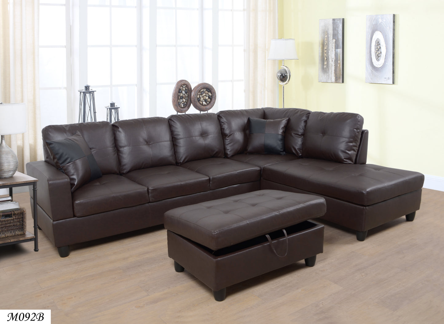 3 PC Sectional Sofa Set, Faux Leather Left-Facing Chaise with Storage Ottoman - Brown Color, Comfortable and Spacious