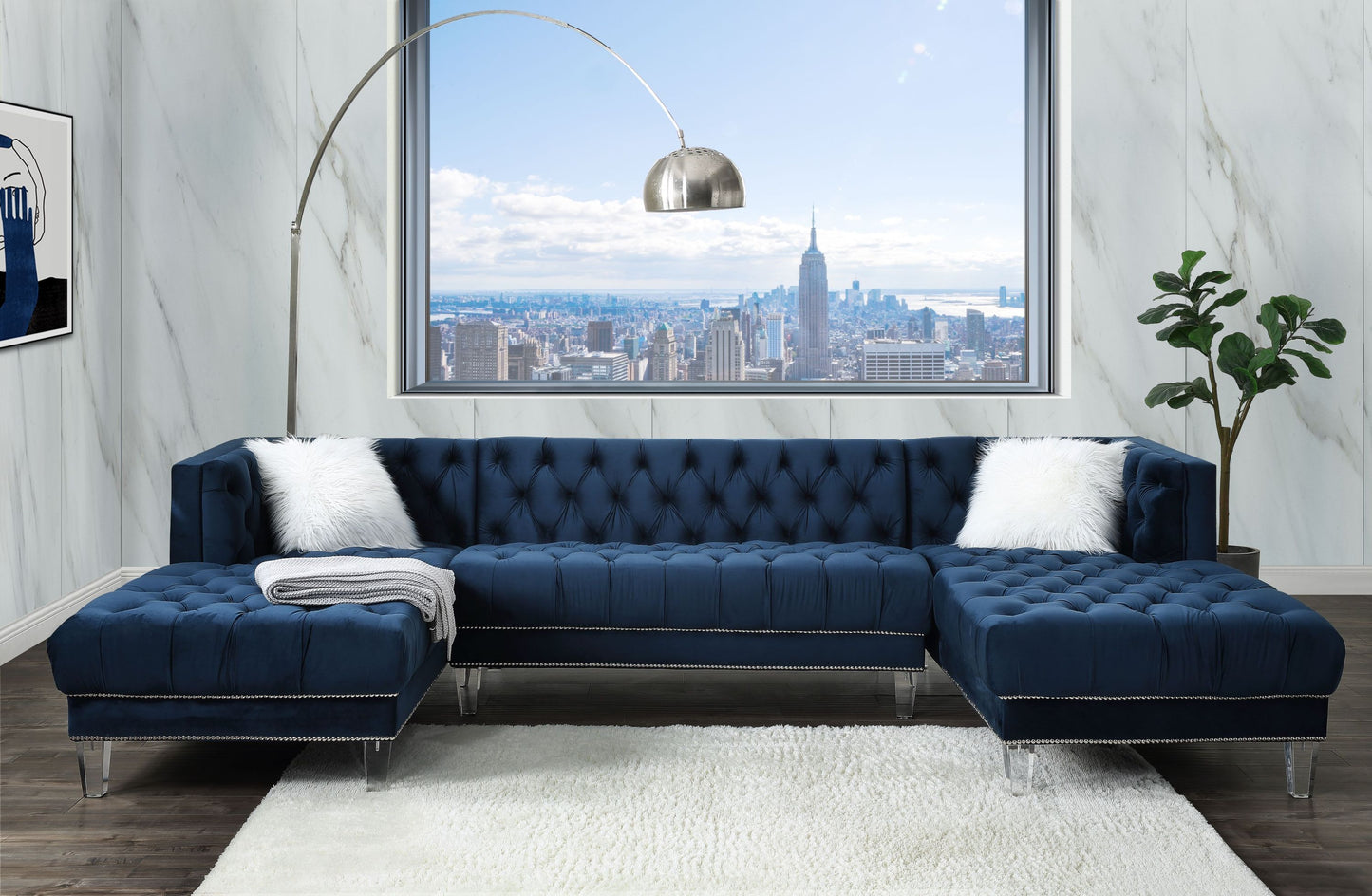 ACME Ezamia Sectional Sofa: Navy Blue Velvet, 2 Pillows, Modern Design