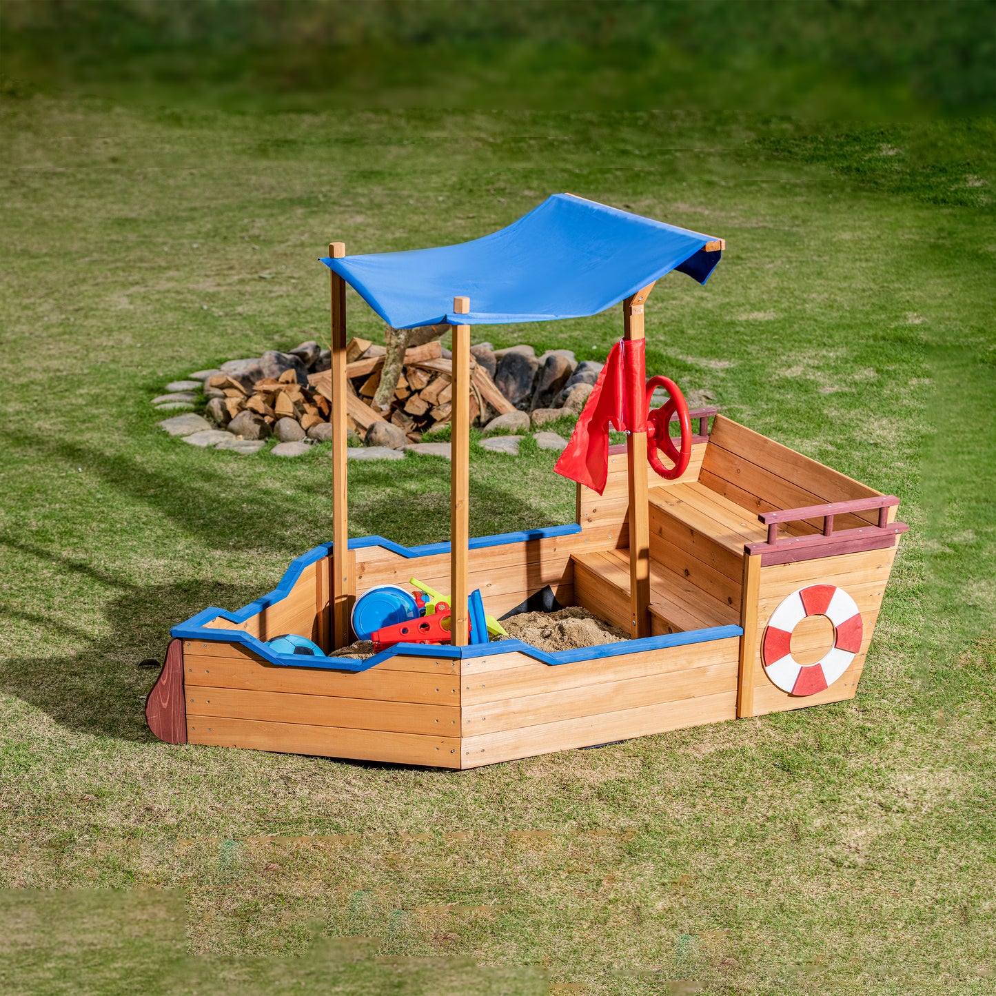 Outsunny Pirate Ship Sandbox: Wooden Sandbox with Storage Bench and Seat for Kids 3-8 Years Old, Outdoor Toy with Cover and Rudder - Colorful & Fun!