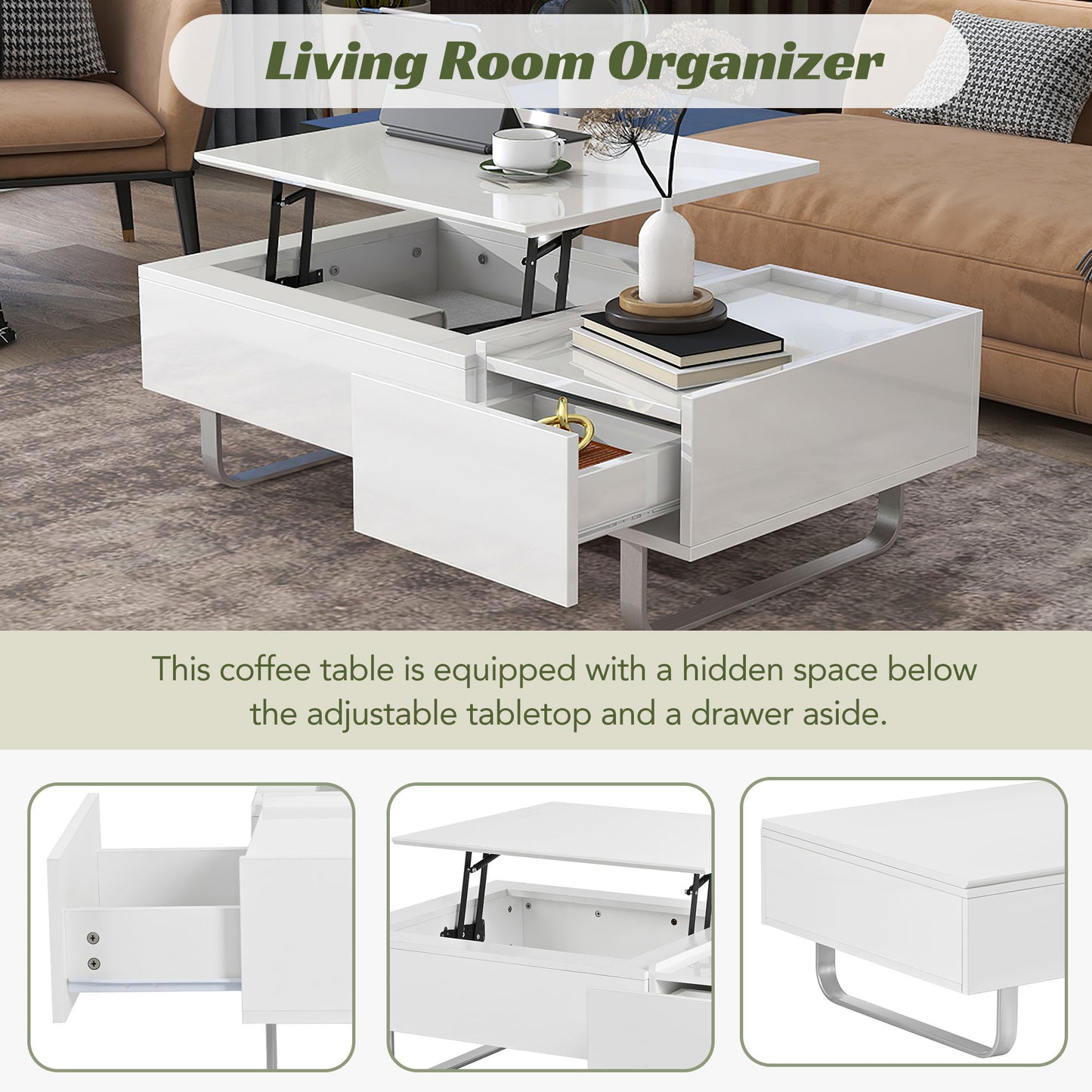 ON-TREND Multi-functional Coffee Table with Lifted Tabletop, Metal Frame Legs, High-gloss Surface, White