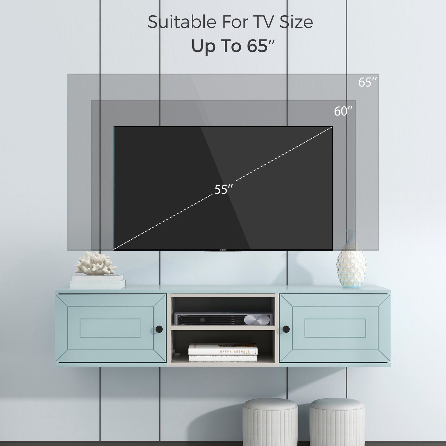 Wall Mounted 60" Floating TV Stand with Large Storage Space, Adjustable Shelves, Magnetic Cabinet Door, Cable Management - Sleek Design, Easy Organization, Black Finish