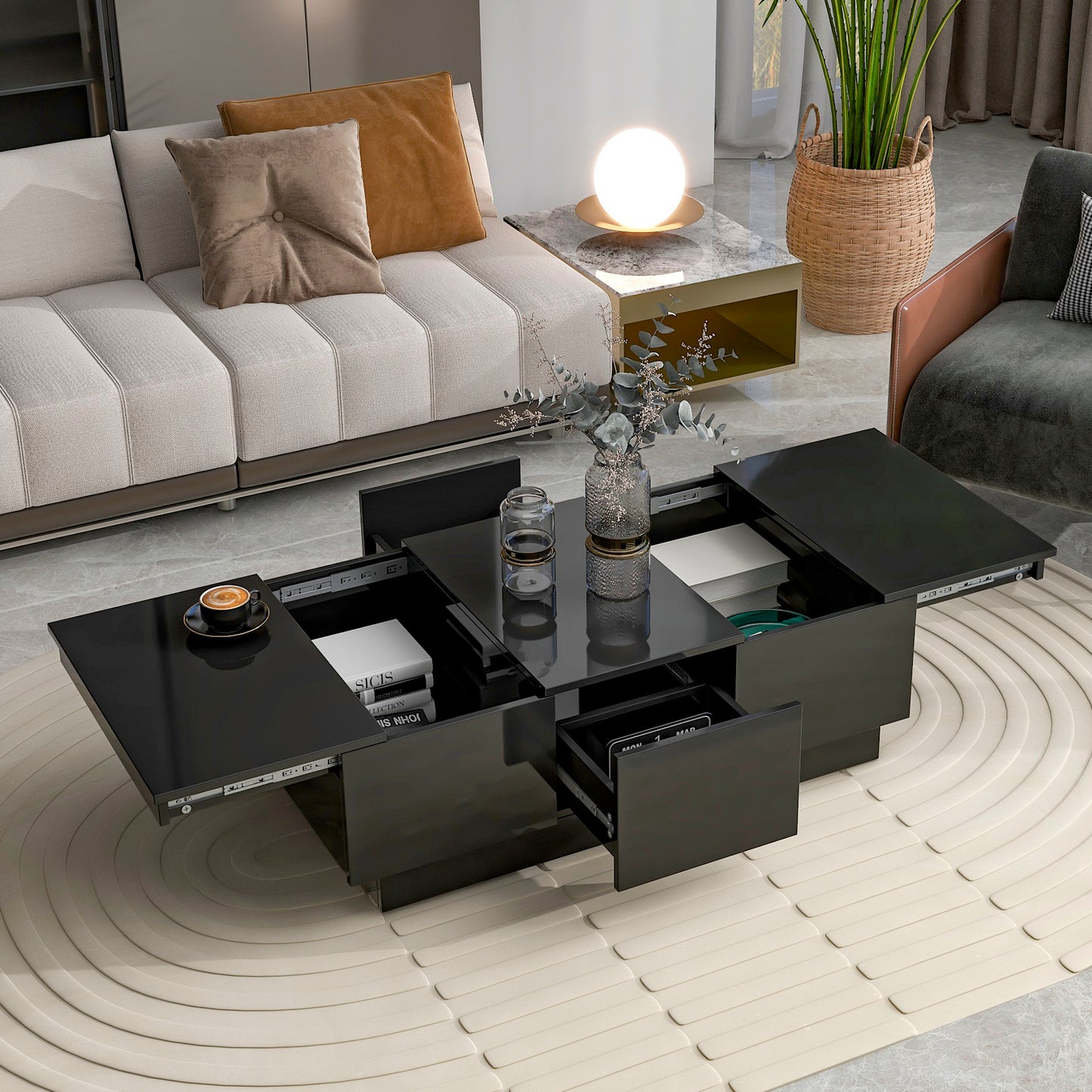 ON-TREND Multifunctional Coffee Table with Hidden Storage, Extendable Cocktail Table with Drawers, High-gloss Center Table for Living Room, 39.3"x21.6", Black