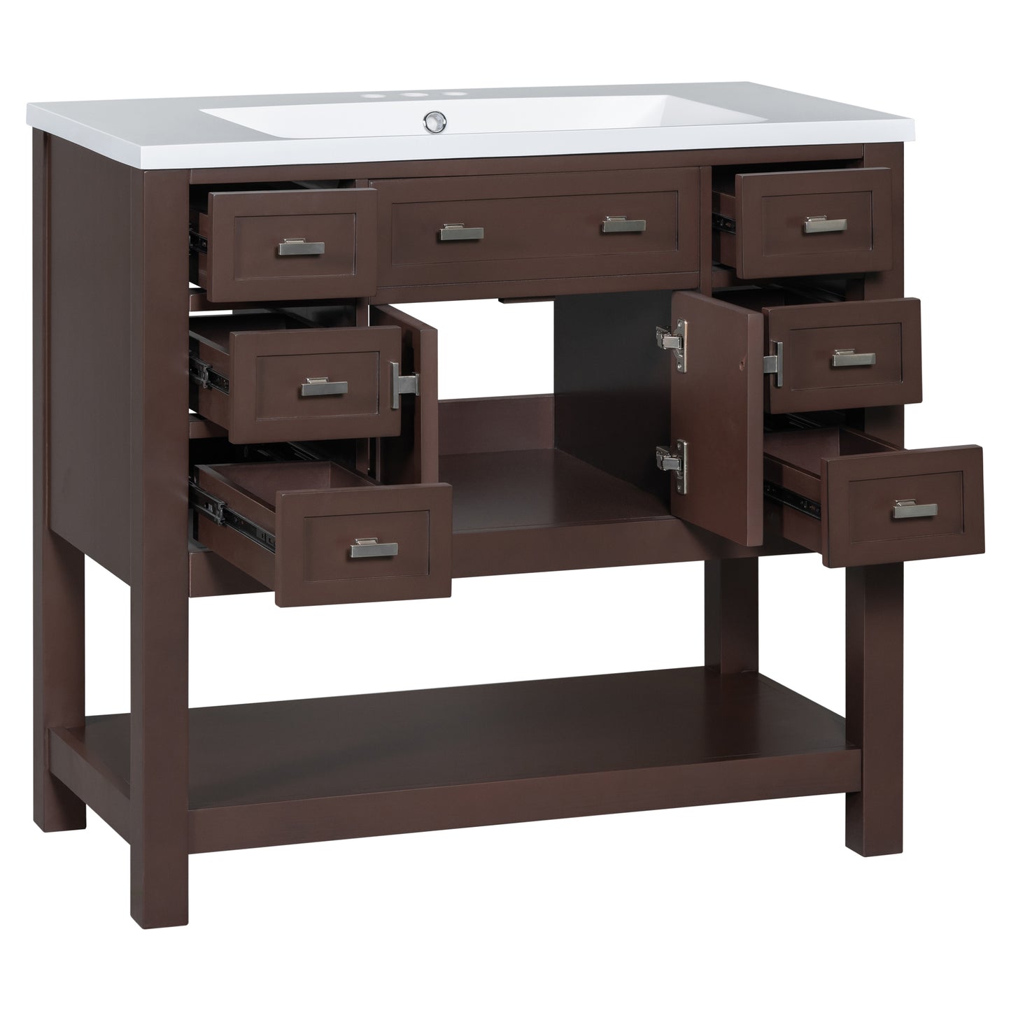 36'' Bathroom Vanity with Top Sink, Modern Storage Cabinet, Soft Closing Doors & 6 Drawers, Brown MDF Material