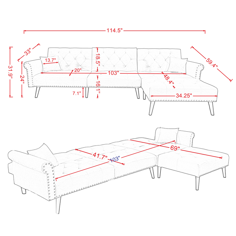 Convertible Sofa Bed Sleeper in Navy Black Velvet - Size Difference (W223S00869, W223S00706, W223S00457)