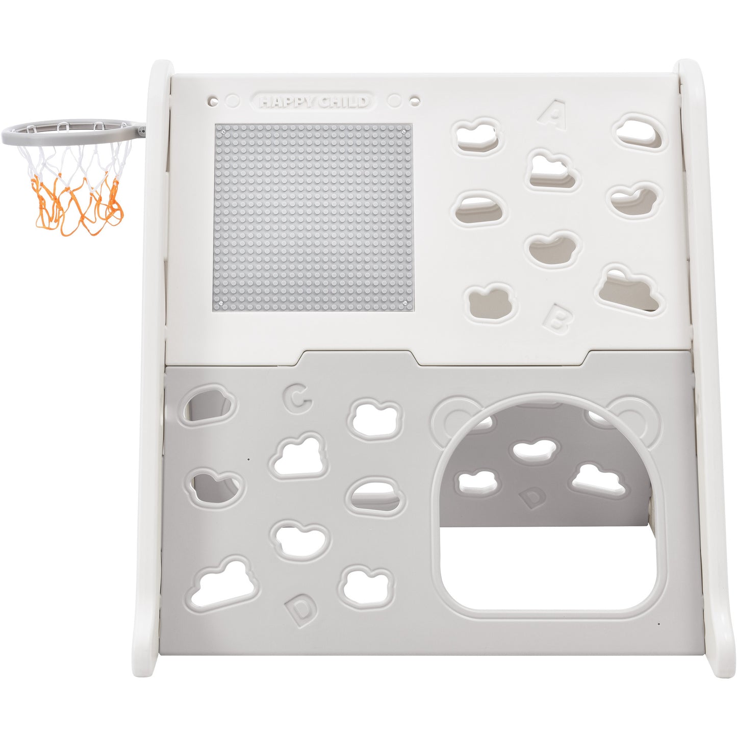 Children's Playground 5-in-1 Playset: Climber, Basketball Hoop, Tunnel, Whiteboard, Building Block Baseplates - Gray, HDPE Material - 54.3''L x 39.4''W x 44.5''H, 29.8lbs.