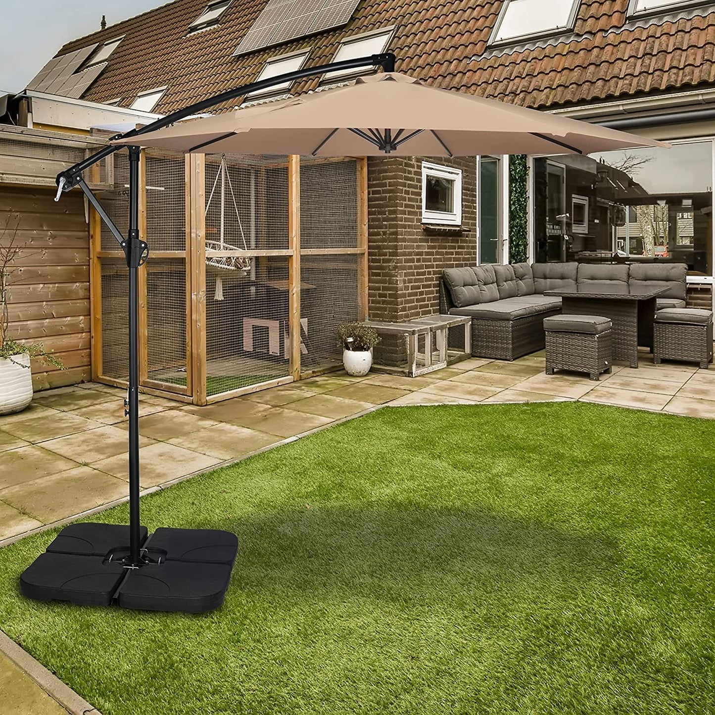 10ft Offset Umbrella Cantilever Patio Hanging Umbrella Outdoor Market with Crank & Cross Base - Ideal for Garden, Lawn, Backyard, and Deck - Tan Color