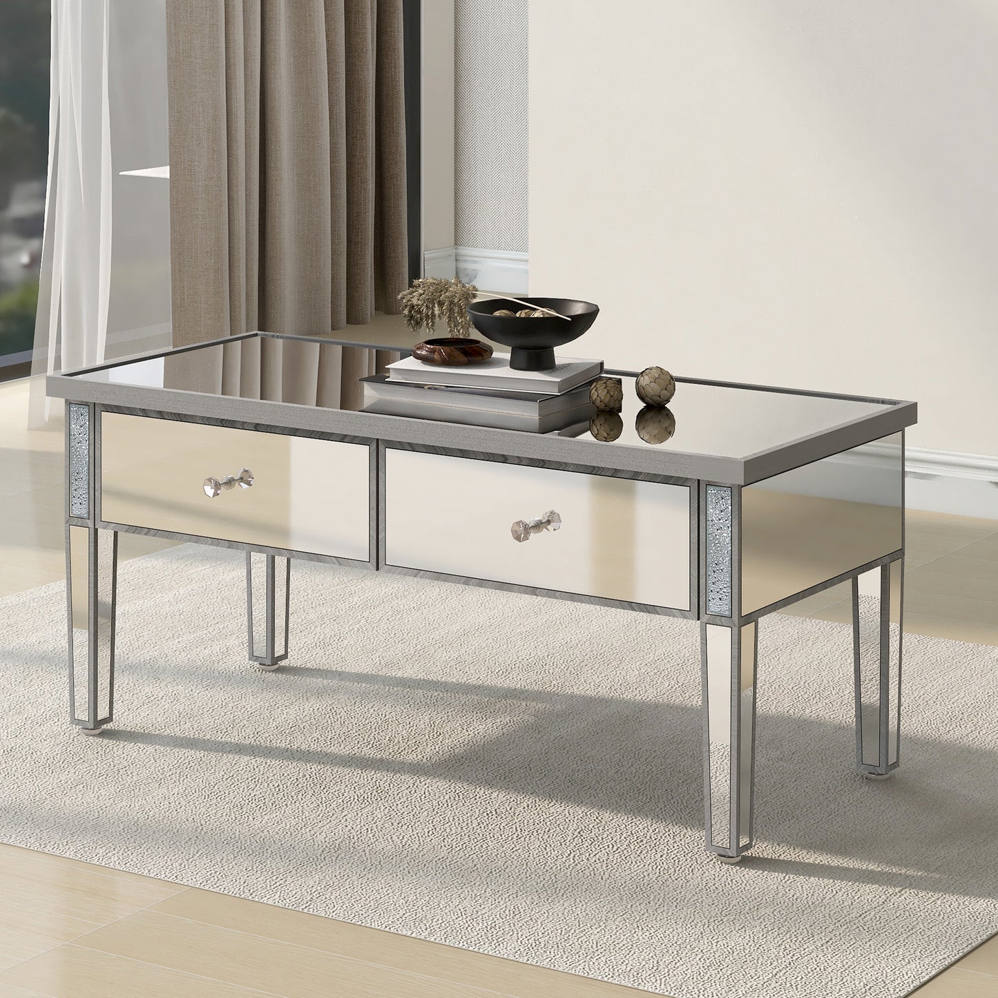 ON-TREND Glass Mirrored Coffee Table with 2 Drawers, Crystal Handles & Adjustable Height Legs for Living Room, Silver