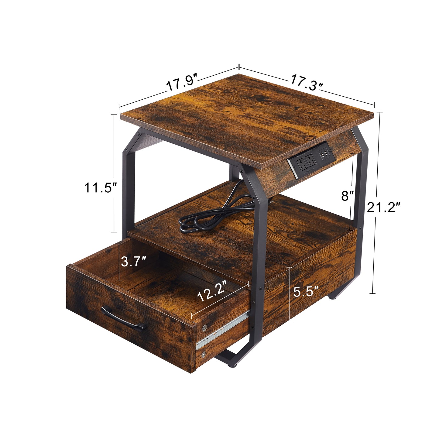 End Table with Charging Station, Drawers & Bedside Functionality for Bedroom - Rustic Brown, 17.3’’W*17.9’’D*21.2’’H