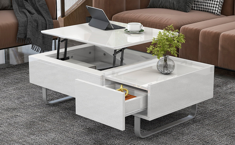 ON-TREND Multi-functional Coffee Table with Lifted Tabletop, Metal Frame Legs, High-gloss Surface, White