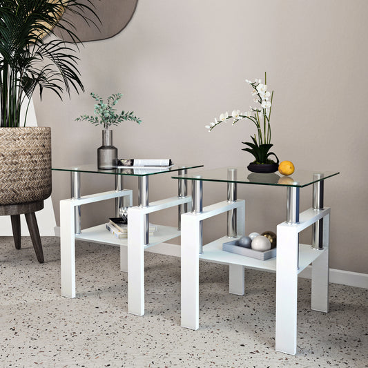 Square Tempered Glass Tea Table Coffee Table End Table Set, Modern and Transparent/White Design for Living Room