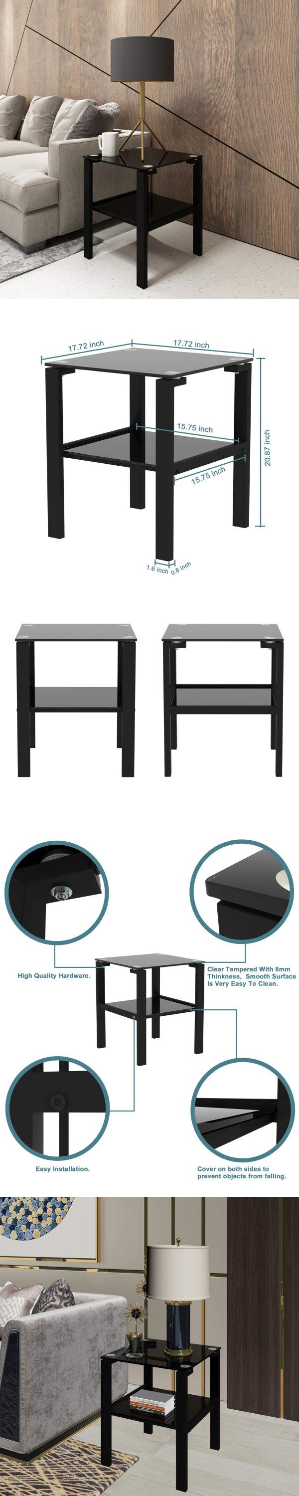 Black Glass Coffee Table, Clear Modern Side Center Table for Living Room Furniture - Sleek Design, Versatile Size