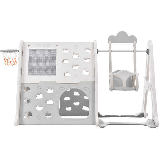 6-in-1 Toddler Climber and Swing Set: Kids Playground Climber Swing Playset with Tunnel, Whiteboard, Building Blocks, Basketball Hoop - White