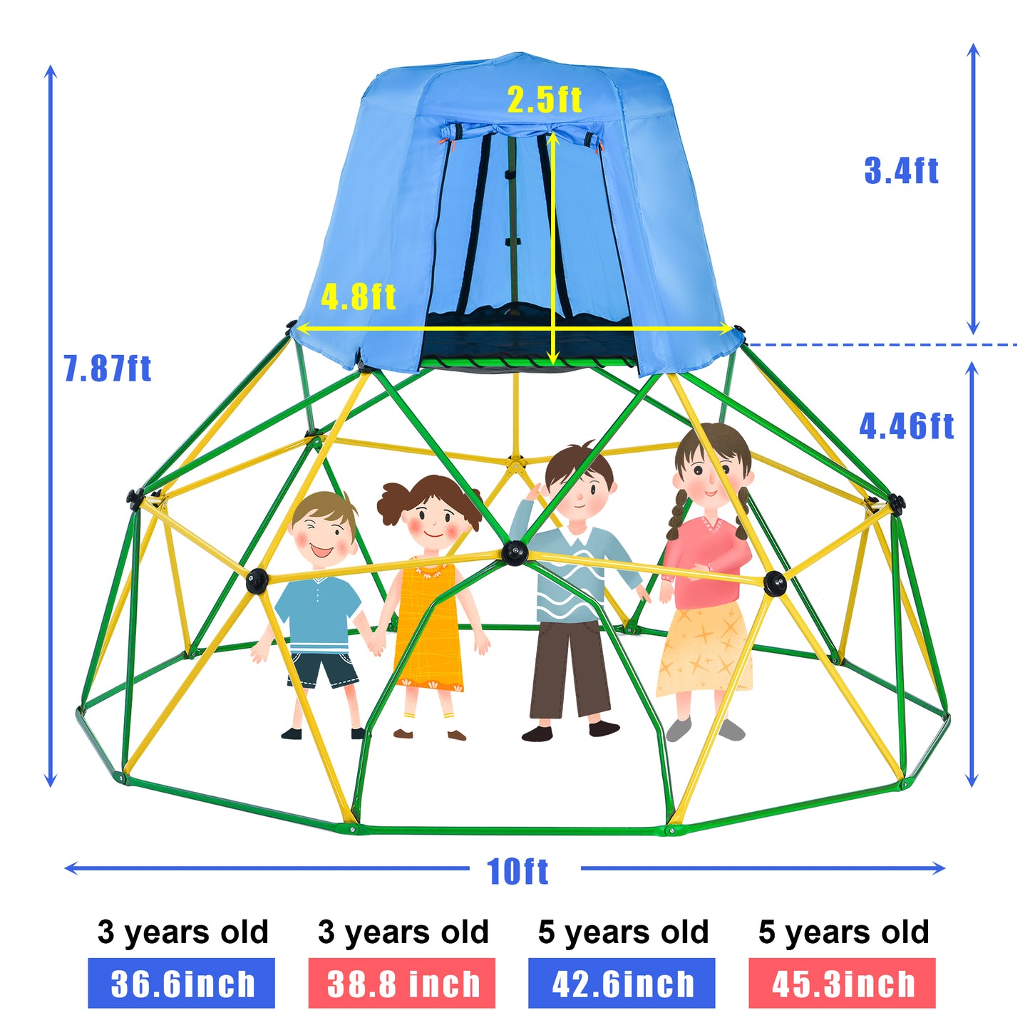 Kids Climbing Dome with Canopy & Playmat - 10 ft Geometric Jungle Gym, Rust & UV Resistant Steel, Supports 1000 LBS - Play Center for Active Play