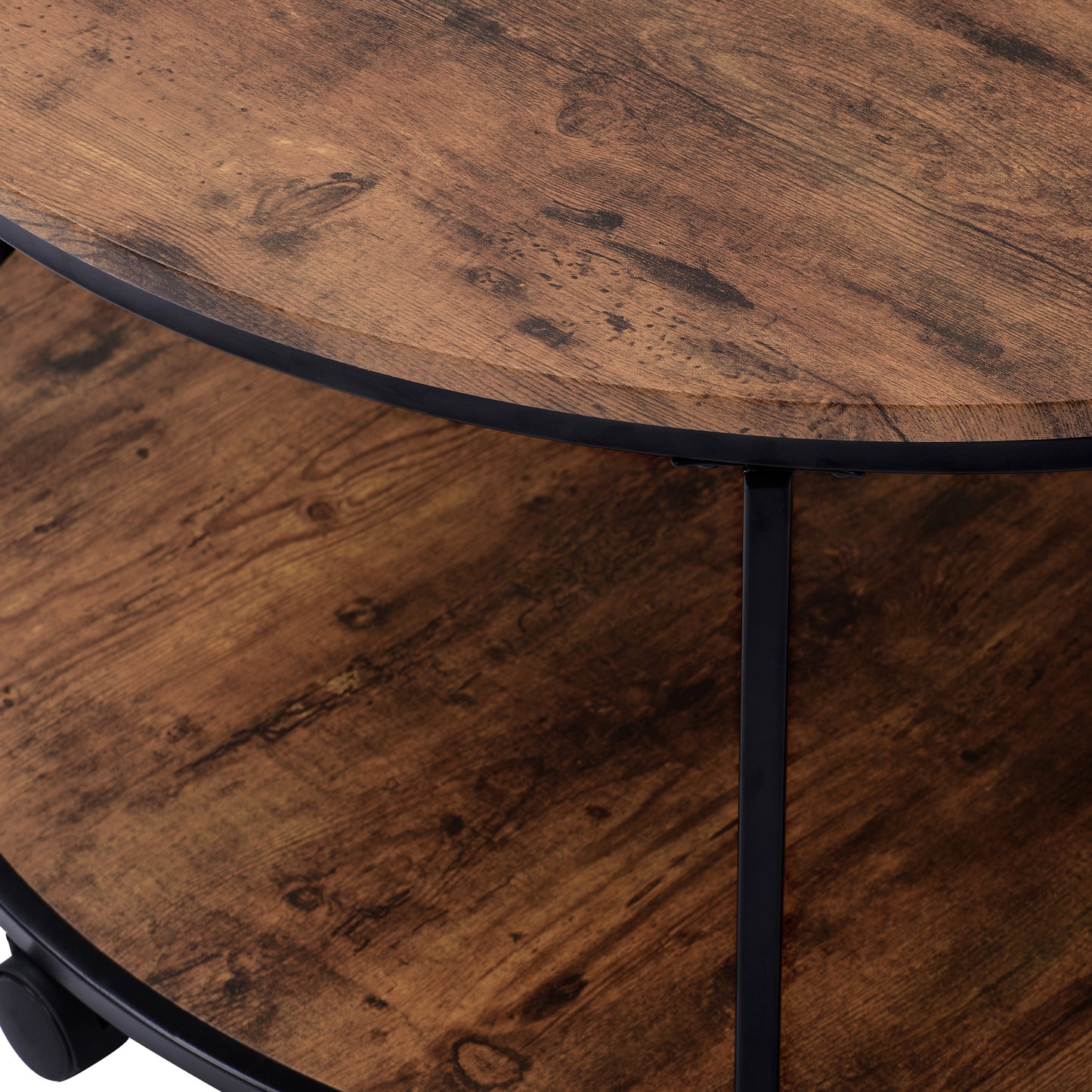 ON-TREND Round Coffee Table with Caster Wheels and Wood Textured Surface, Distressed Brown, φ35.5” for Living Room