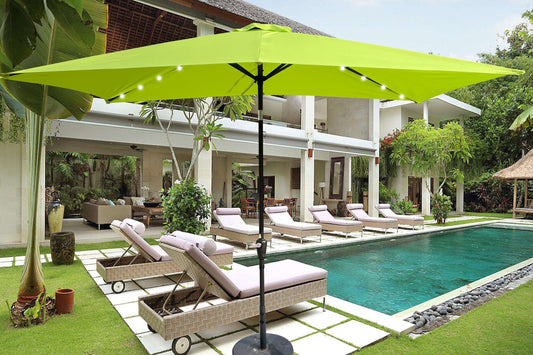 10 x 6.5t Rectangular Patio Solar LED Lighted Outdoor Umbrellas for Garden Backyard Pool. Crank, Button Tilt, Multiple Colors, and Sizes Available.