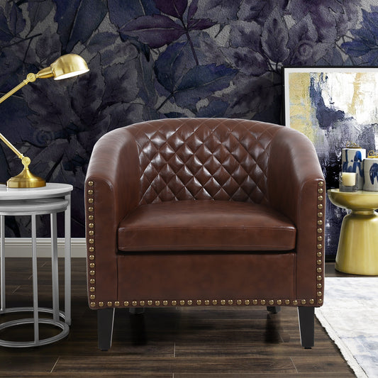 Accent Barrel Chair with Nailheads and Solid Wood Legs - Brown PU Leather - COOLMORE Living Room Chair