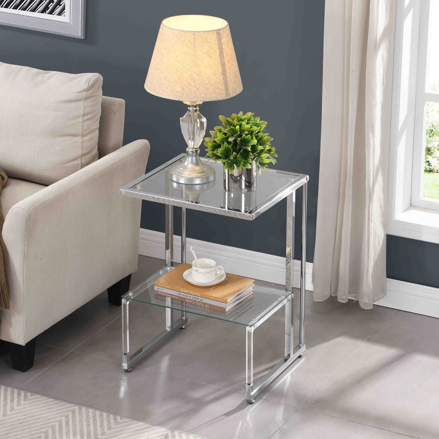 Silver Chrome Side Table, 2-Tier Acrylic Glass End Table for Living Room & Bedroom - Modern Design, Sturdy Construction, Sleek Silver Finish, Space-Saving, Versatile Furniture