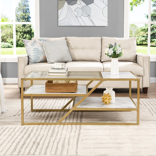 Golden Coffee Table with Storage Shelf - Tempered Glass & Metal Frame - Ideal for Living Room & Bedroom - Stylish and Functional Furniture for Home Décor - Available in Various Sizes and Colors