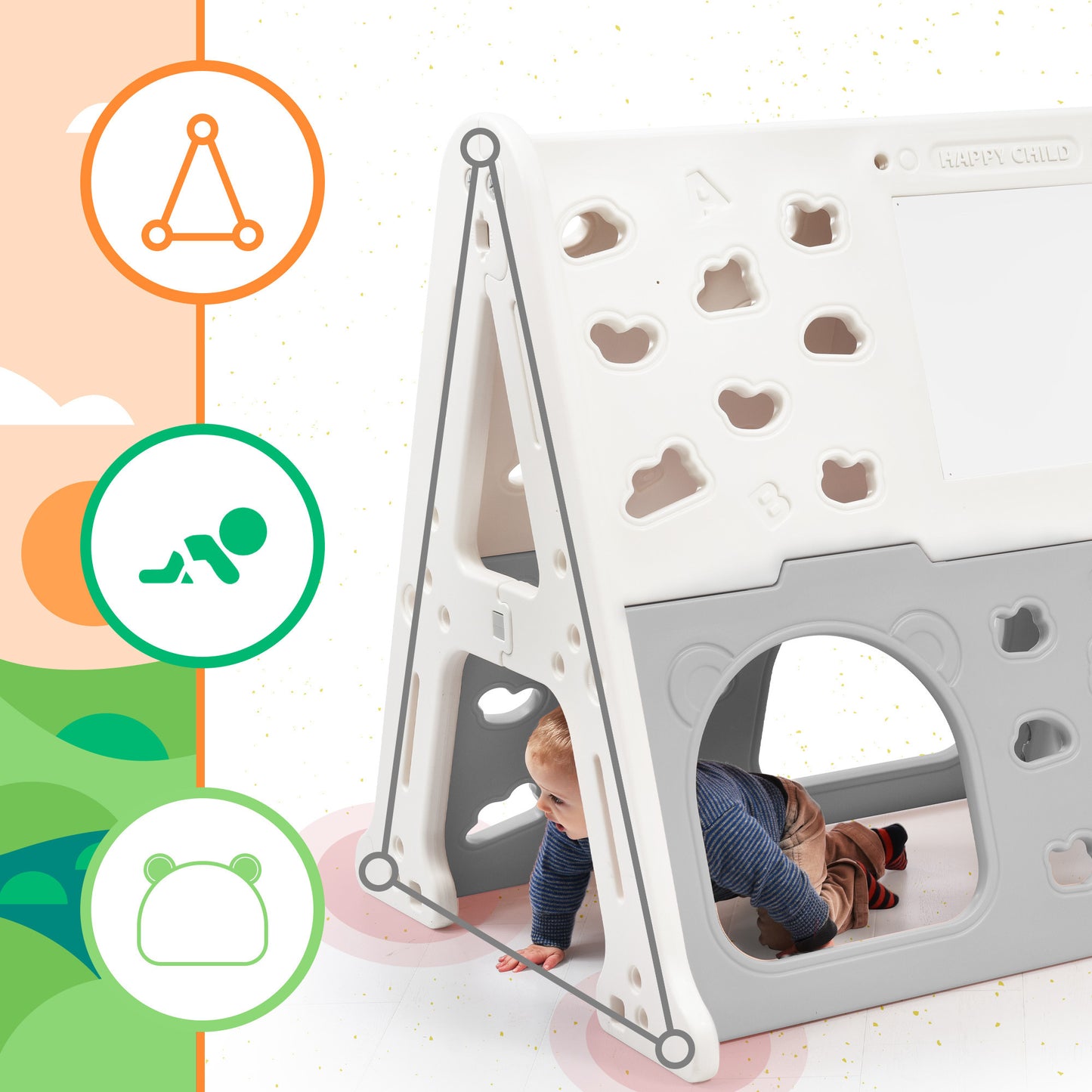 Children's Playground 5-in-1 Playset: Climber, Basketball Hoop, Tunnel, Whiteboard, Building Block Baseplates - Gray, HDPE Material - 54.3''L x 39.4''W x 44.5''H, 29.8lbs.