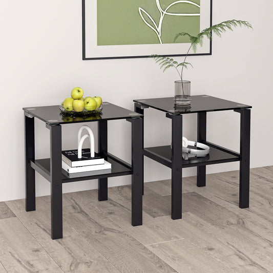 Set of 2 Glass Two Layer Tea Table - Small Round Table for Bedroom or Living Room - Black, Space-saving Side Table