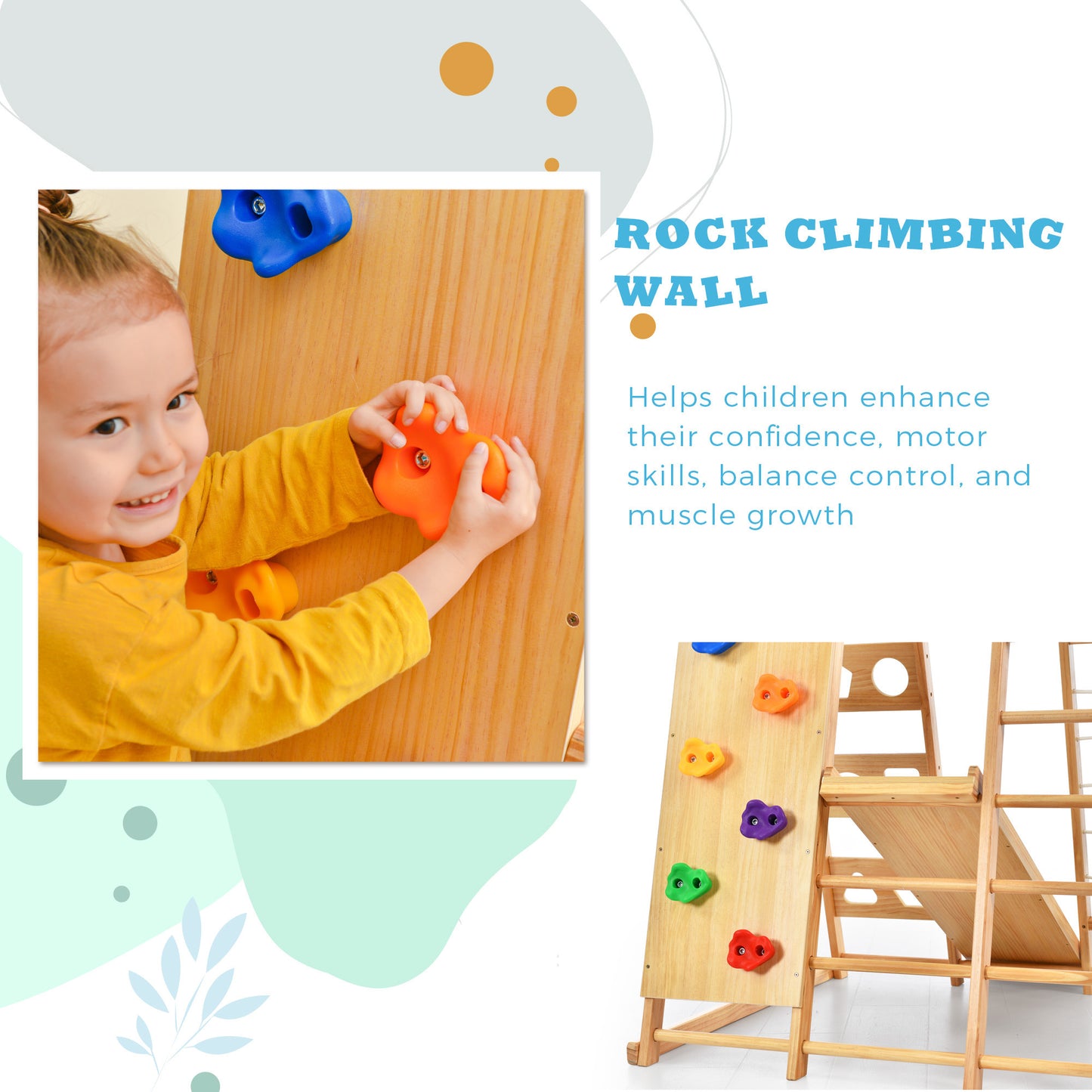 Wooden Indoor Kids Playground Jungle Gym with Slide, 8-in-1 Playset, Rock Climbing Wall, Monkey Bars, and Swing - Toddlers Wooden Climber with Rope Wall Climb - Color & Size Options Available