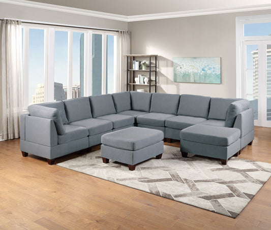 Modular Sectional Living Room Furniture Grey Linen Like Fabric 9pc Set: 3x Corner Wedge, 4x Armless Chairs, 2x Ottomans