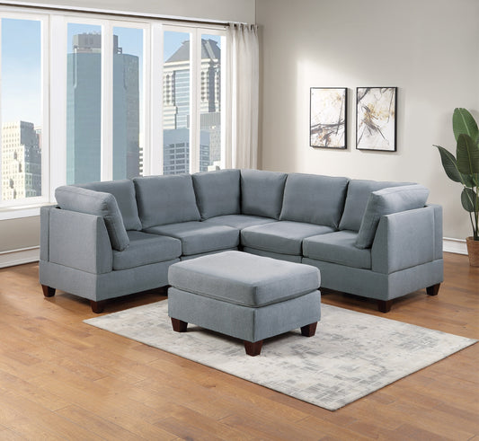 Modular Sectional 6pc Set Living Room Furniture Grey Linen Like Fabric 3x Corner Wedge 2x Armless Chairs and 1x Ottoman