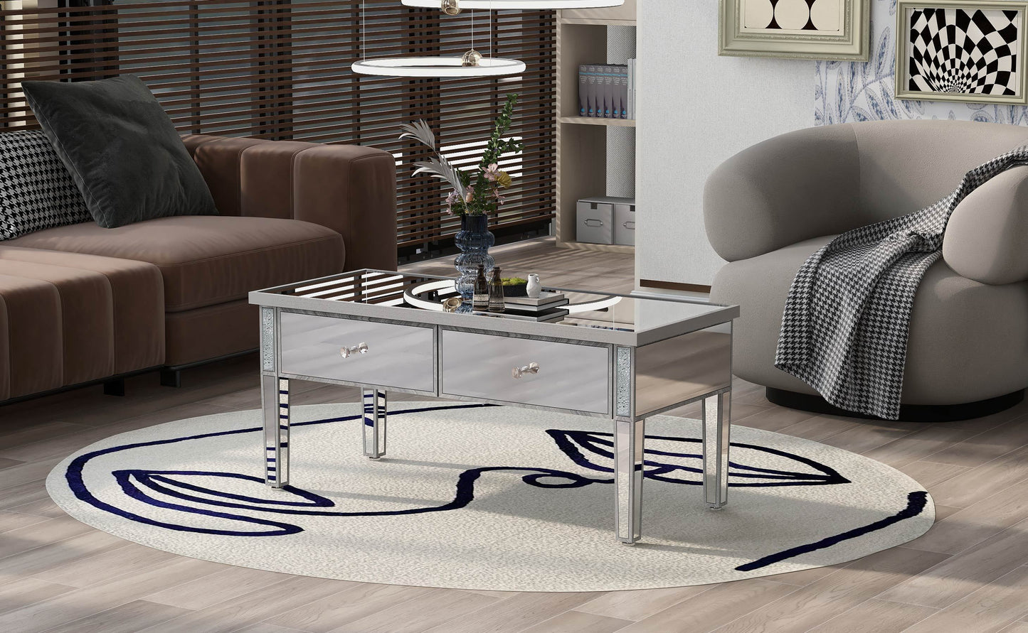 ON-TREND Glass Mirrored Coffee Table with 2 Drawers, Crystal Handles & Adjustable Height Legs for Living Room, Silver