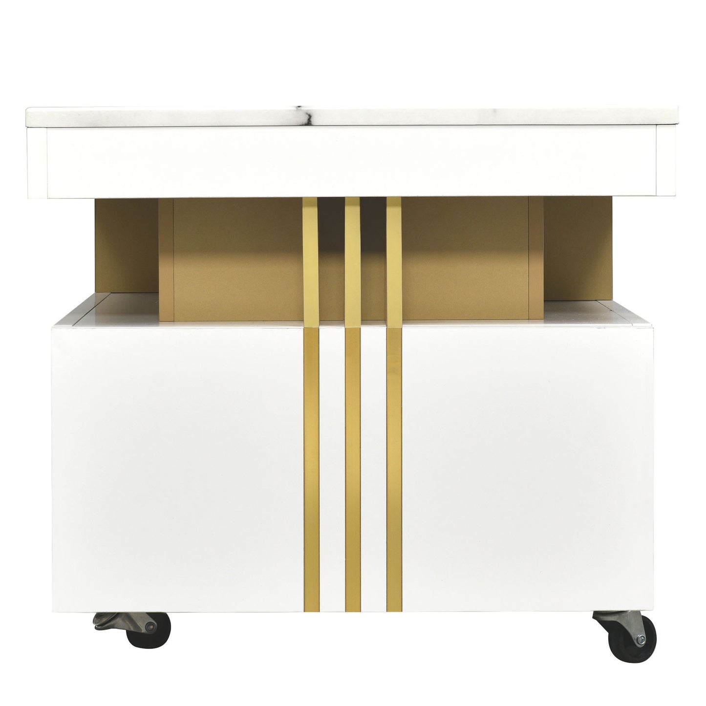 ON-TREND Contemporary Coffee Table, Rectangle Cocktail Table with Caster Wheels, Moderate Luxury Center Table with Gold Metal Bars, White Faux Marble Top, for Living Room