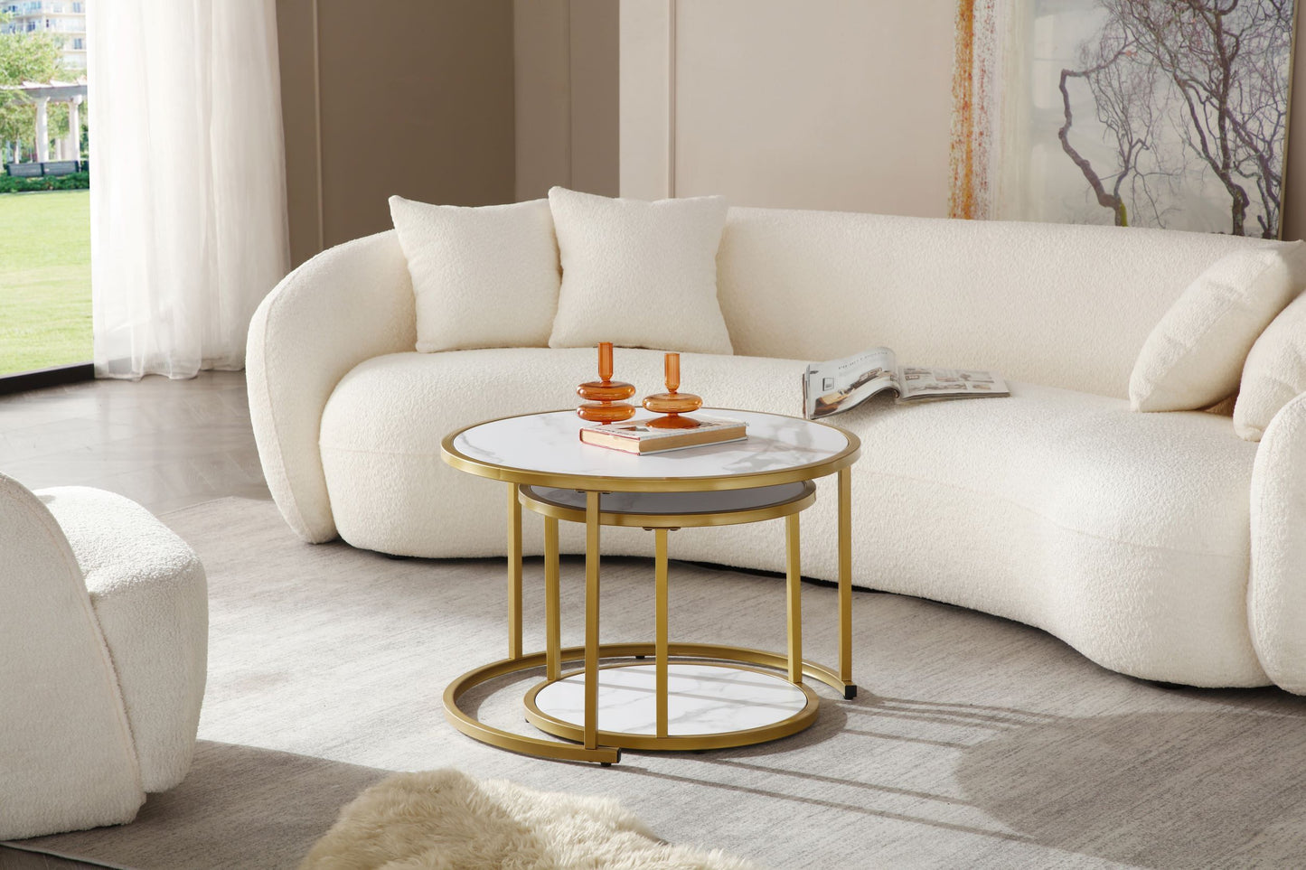 Marble Pattern MDF Top, Gold Metal Frame Nesting Coffee Table Set of 2 - Modern Style, Elegant Design, Space-saving Solution, Black & White Colors, Various Sizes Available