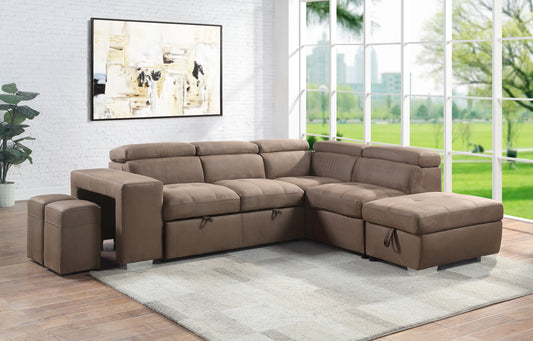 ACME Acoose Sleeper Sectional Sofa: Brown Fabric, 2 Pullout Stools, LV01025