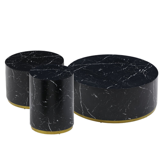 Set of 3 Black Marble Pattern Round Coffee Table Side Table End Table Set for Living Room Fully Assembled - Stylish and Functional Furniture with Elegant Black Marble Design - Ideal for Living Room Décor - Compact Size for Versatile Placement