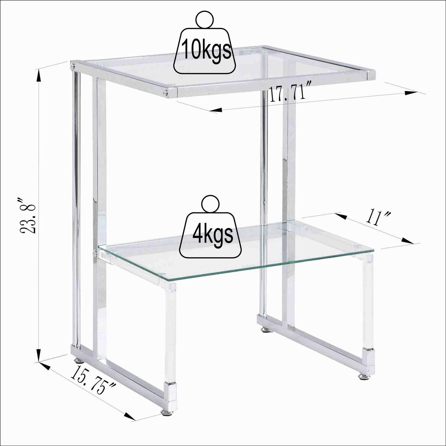 Silver Chrome Side Table, 2-Tier Acrylic Glass End Table for Living Room & Bedroom - Modern Design, Sturdy Construction, Sleek Silver Finish, Space-Saving, Versatile Furniture