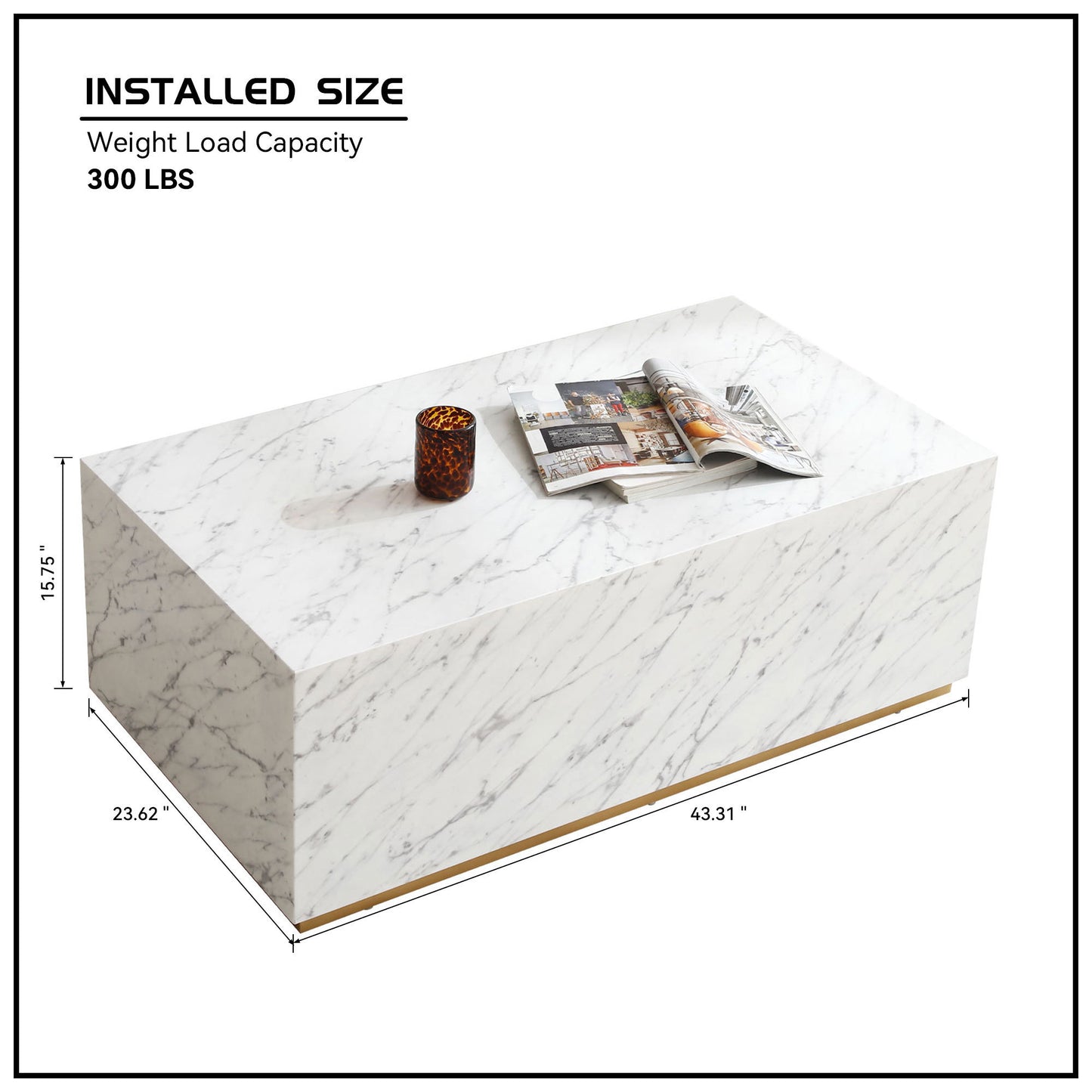 White Marble MDF Coffee Table: Rectangular End Table for Living Room/Waiting Area | 43.31"L X 23.62"W X 15.75"H