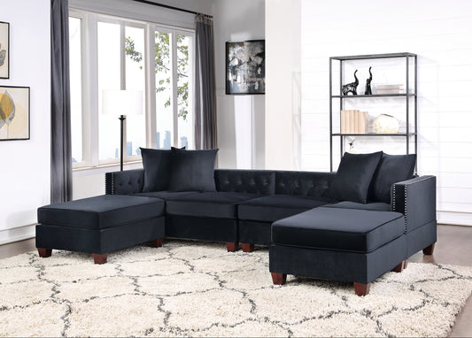 Black Velvet Sectional Sofa w/ Reversible Chaise, 2 Ottomans - Plywood Frame - Living Room Furniture - Luxurious & Elegant - Black Color - Spacious & Comfortable - 2x Reversible Chaise - 2x Ottomans - Perfect for Modern Interiors - 220 Letters Max.