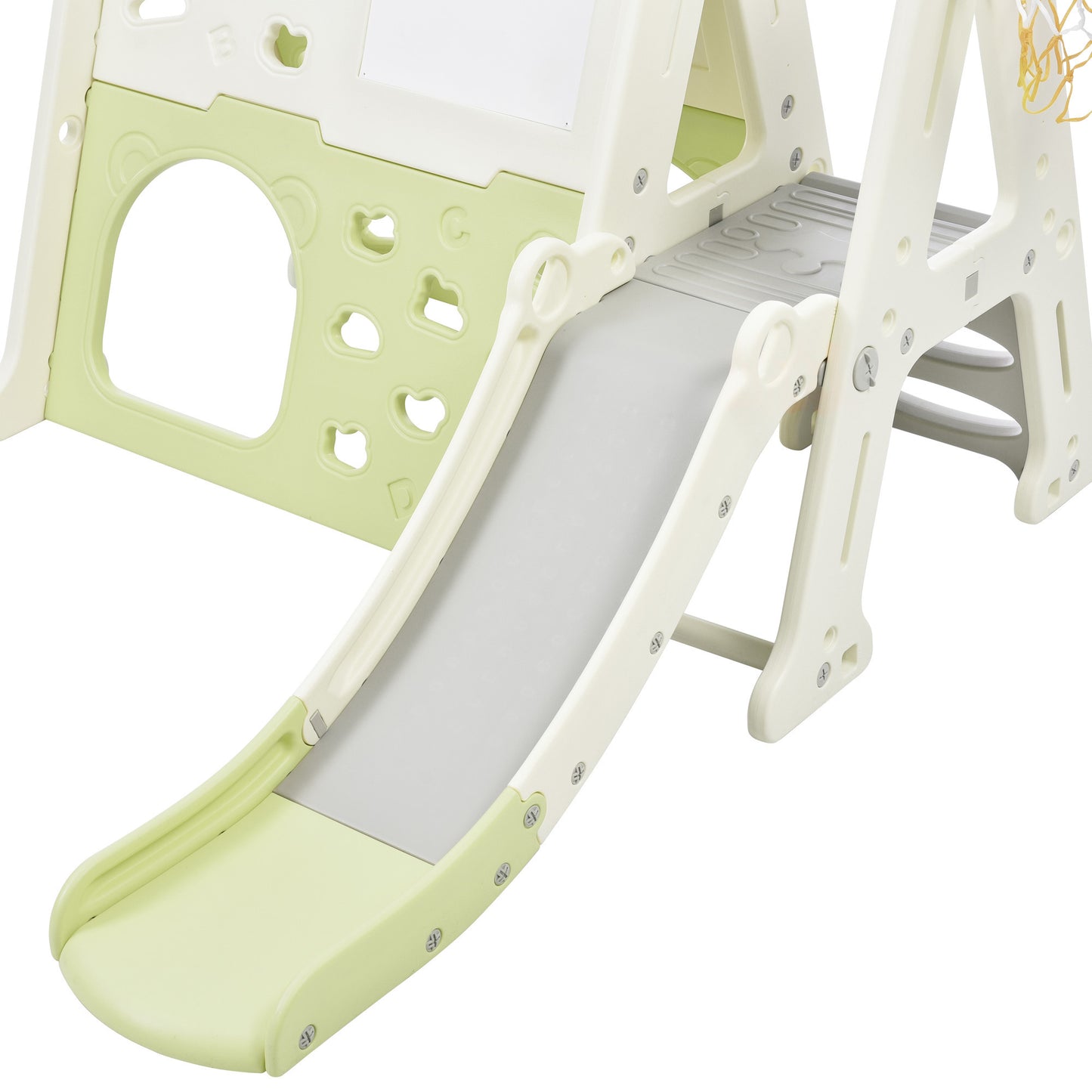 7-in-1 Toddler Climber and Slide Set: Playground Climber Slide Playset with Tunnel, Climber, Whiteboard, Toy Building Block Baseplates, Basketball Hoop Combination for Babies - White, Compact Size