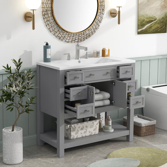 36" Bathroom Vanity with Top Sink, Storage Cabinet, Soft Closing Doors, Drawers, Single Sink, Grey, MDF Material, 35.9"L x 18"W x 34"H, 114.2 lbs.