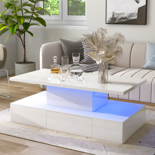 Modern Glossy Coffee Table With Drawer, 2-Tier Center Table, 16-color LED Lighting, 39.3”x19.6”x15.3”, White