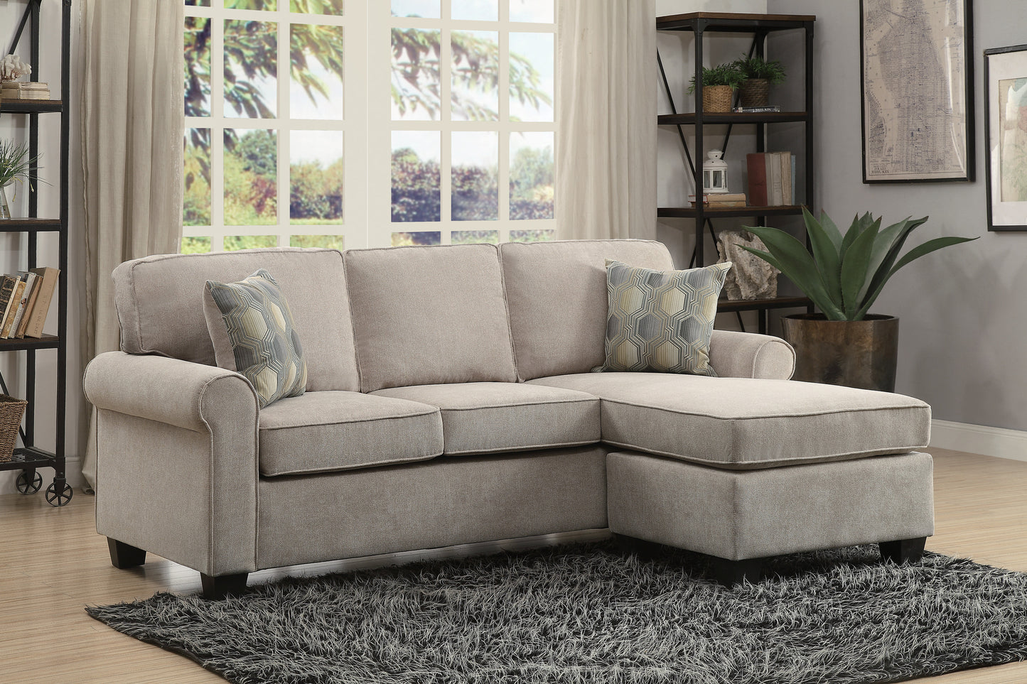 Transitional Design Sectional Sofa 1pc Reversible Chaise with 2 Pillows | Sand Microfiber Fabric Upholstered Furniture