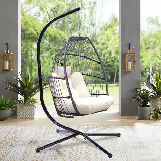 Outdoor Patio Wicker Folding Hanging Chair: Rattan Swing Hammock Egg Chair with Cushion and Pillow - Comfortable, Stylish, and Durable Furniture for Relaxation and Outdoor Décor