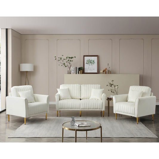 Living Room Sofa Set: Loveseat, Couch, and Accent Arm Chair w/Pillows, Metal Legs, Upholstered Modern Furniture for Small Space, Cream White