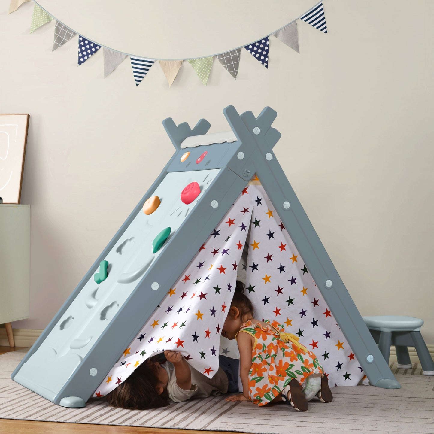 Kids Play Tent - 4-in-1 Teepee Tent with Stool and Climber, Foldable Playhouse Tent for Boys & Girls - Multi-Functional, Portable, and Durable - Enhance Imaginative Play - Suitable for Indoor and Outdoor Use - Available in Various Colors and Sizes